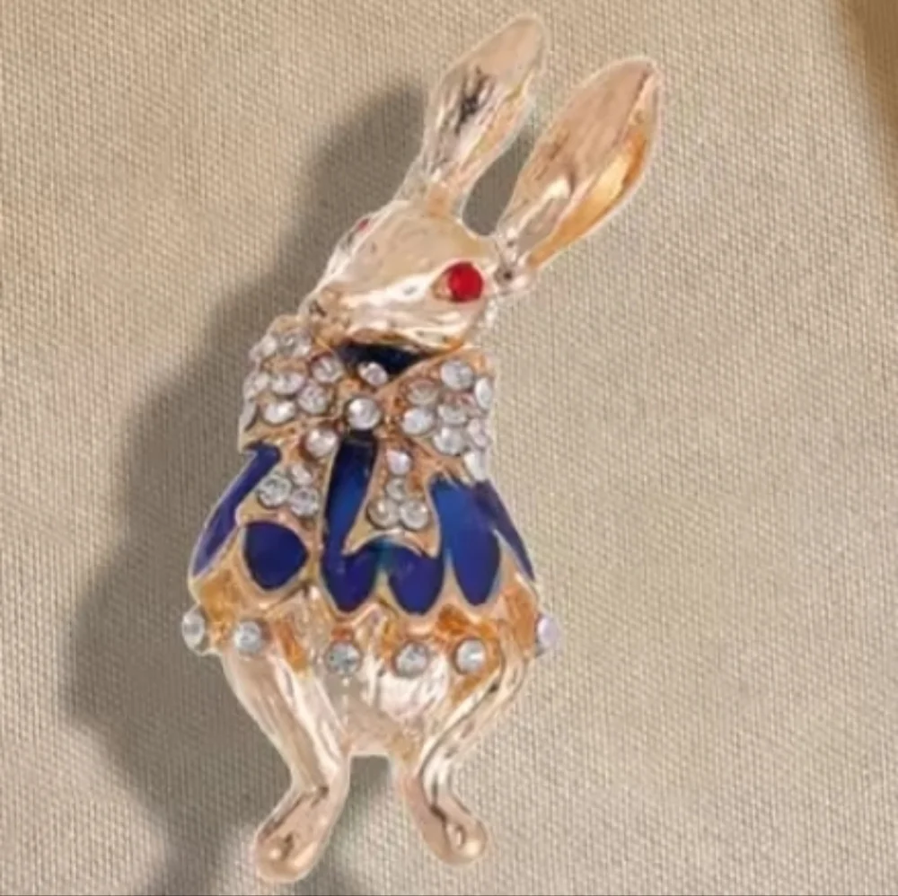 Blue Enamel & Rhinestone Rabbit Brooch - NWOT